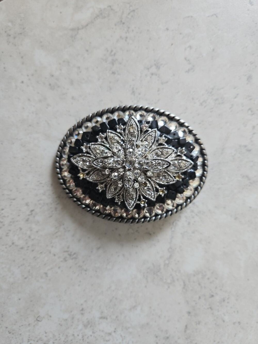 Silver & Black Rhinestone Belt Buckle